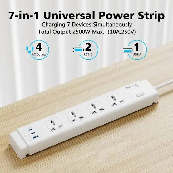 وصلة كهرباء Huntkey مع 4 منافذ ومع  USB-C و 1 USB-A وكيبل 3 متر