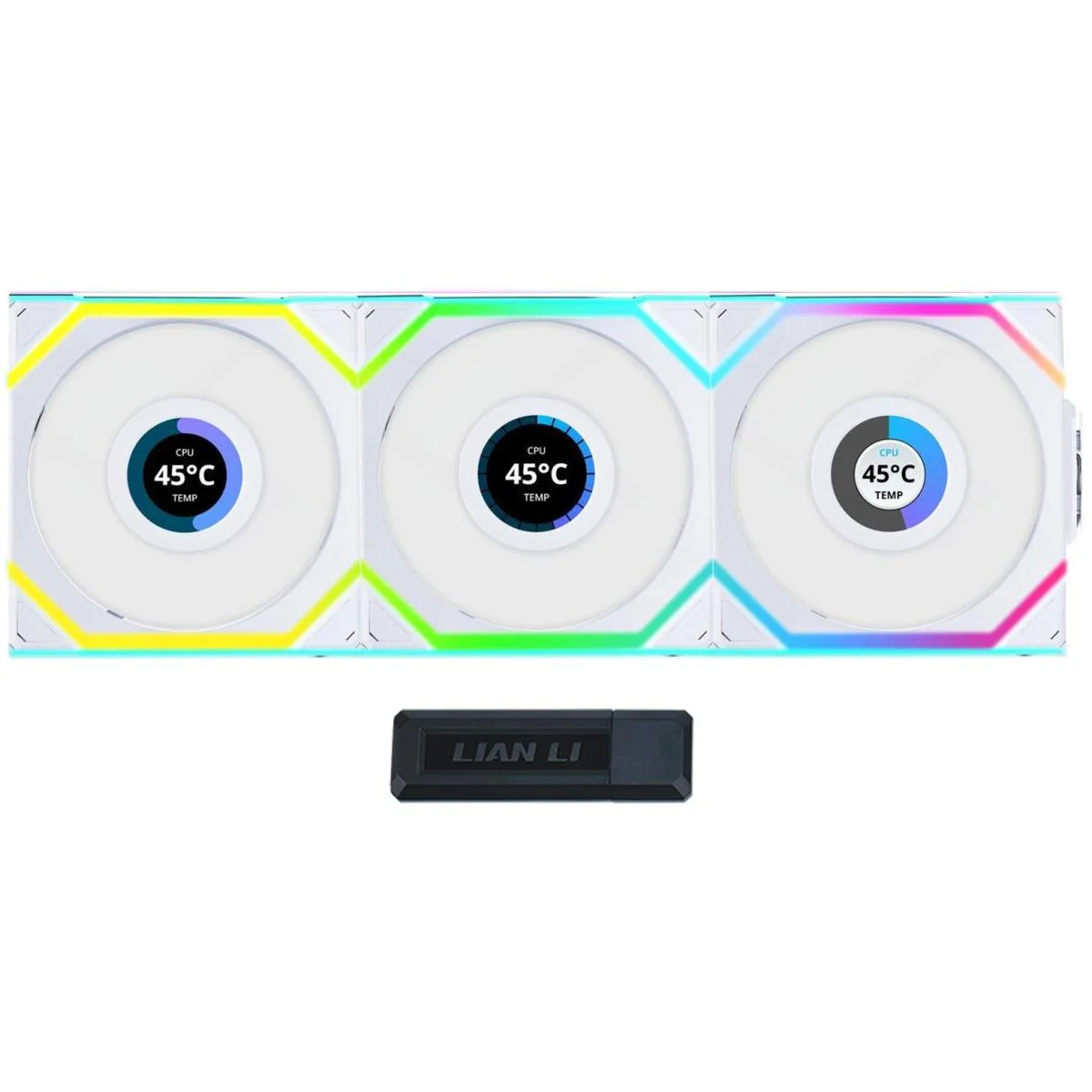 طقم مراوح LIAN LI UNI FAN SL Wireless LCD 120 باللون الأبيض ثلاثي مع ARGB وشاشة IPS مقاس 1.6 إنش