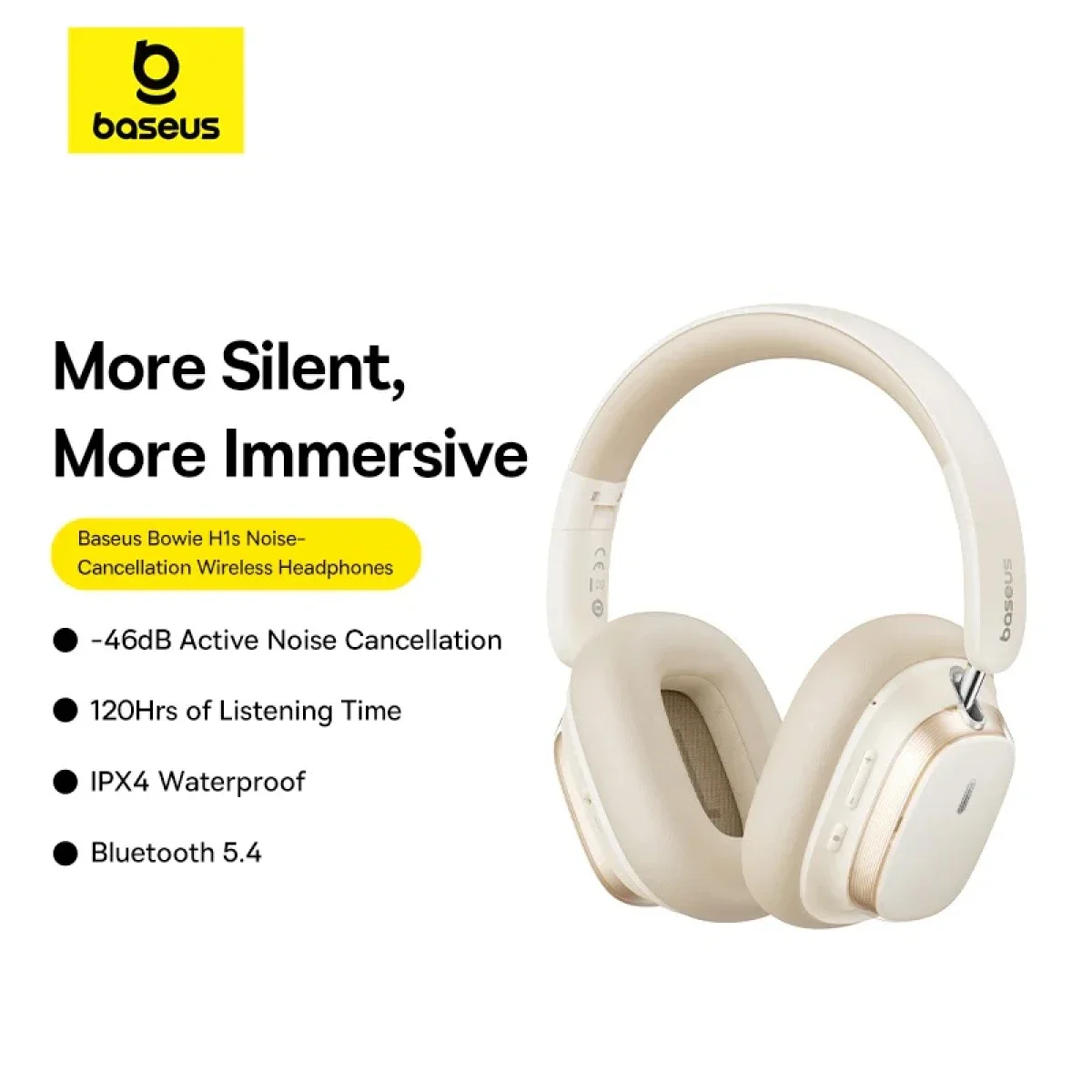 Baseus Bowie H1s Wireless Over-Ear Headphones with ANC, Bluetooth 5.4, 100H Battery - White - Thumbnail 3