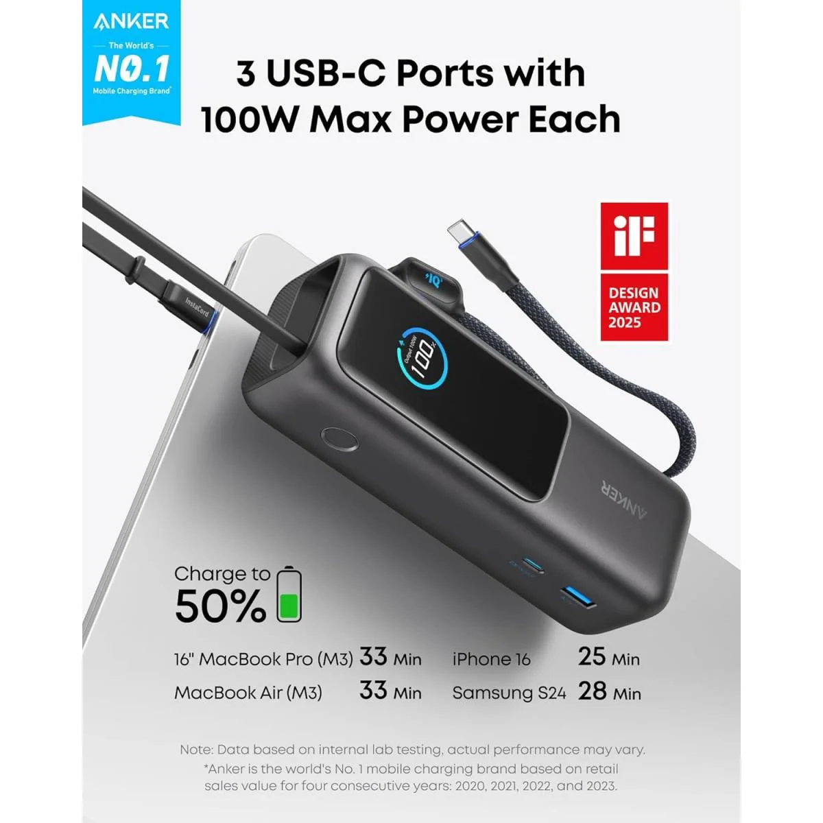 باور بانك لابتوب Anker 25000mAh 165W مع كيابل USB-C مدمجة قابلة للسحب - Image 2