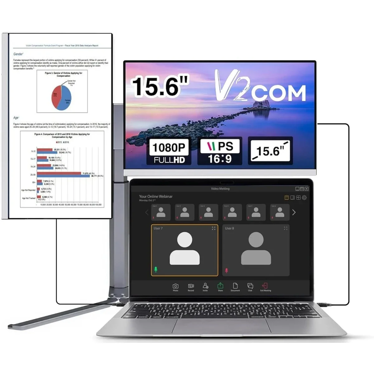 شاشة محمولة V2COM Z2 ثلاثية 15.6 إنش FHD IPS بتردد 60 هرتز