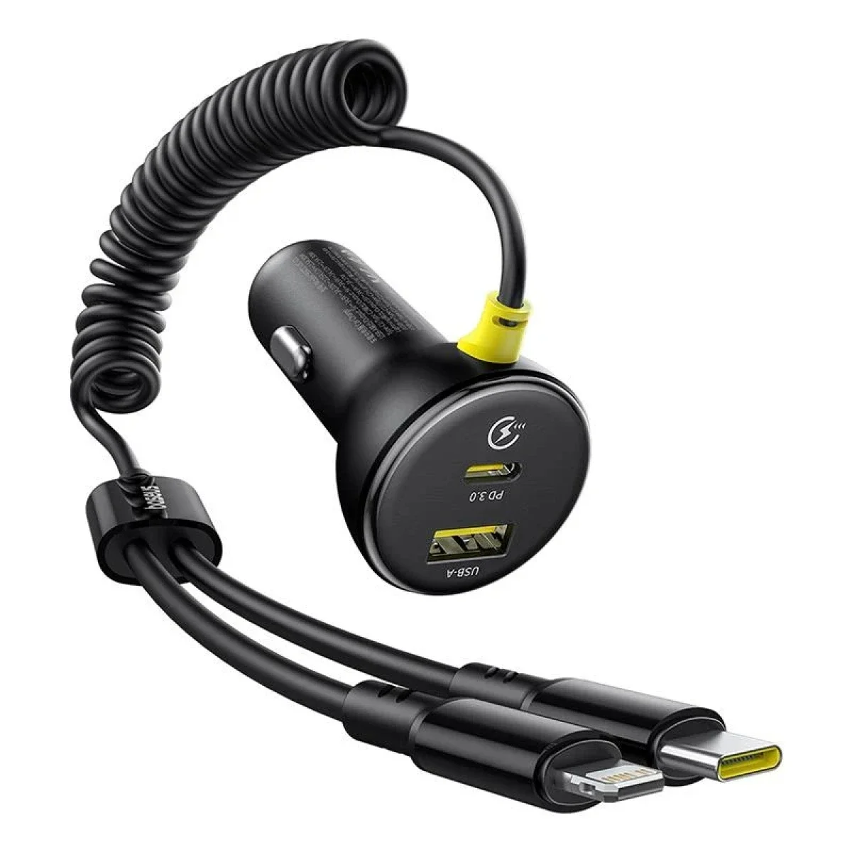 Baseus Circular 60W Car Charger with USB-C & Lightning Cables, USB-A & USB-C, Black - Image 4