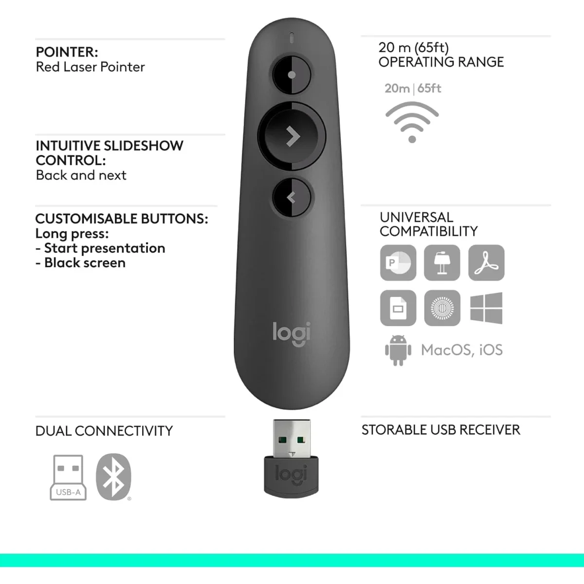 جهاز تحكم بالعروض Logitech R500s لاسلكي بمؤشر ليزر أحمر - جرافيت - Thumbnail 6