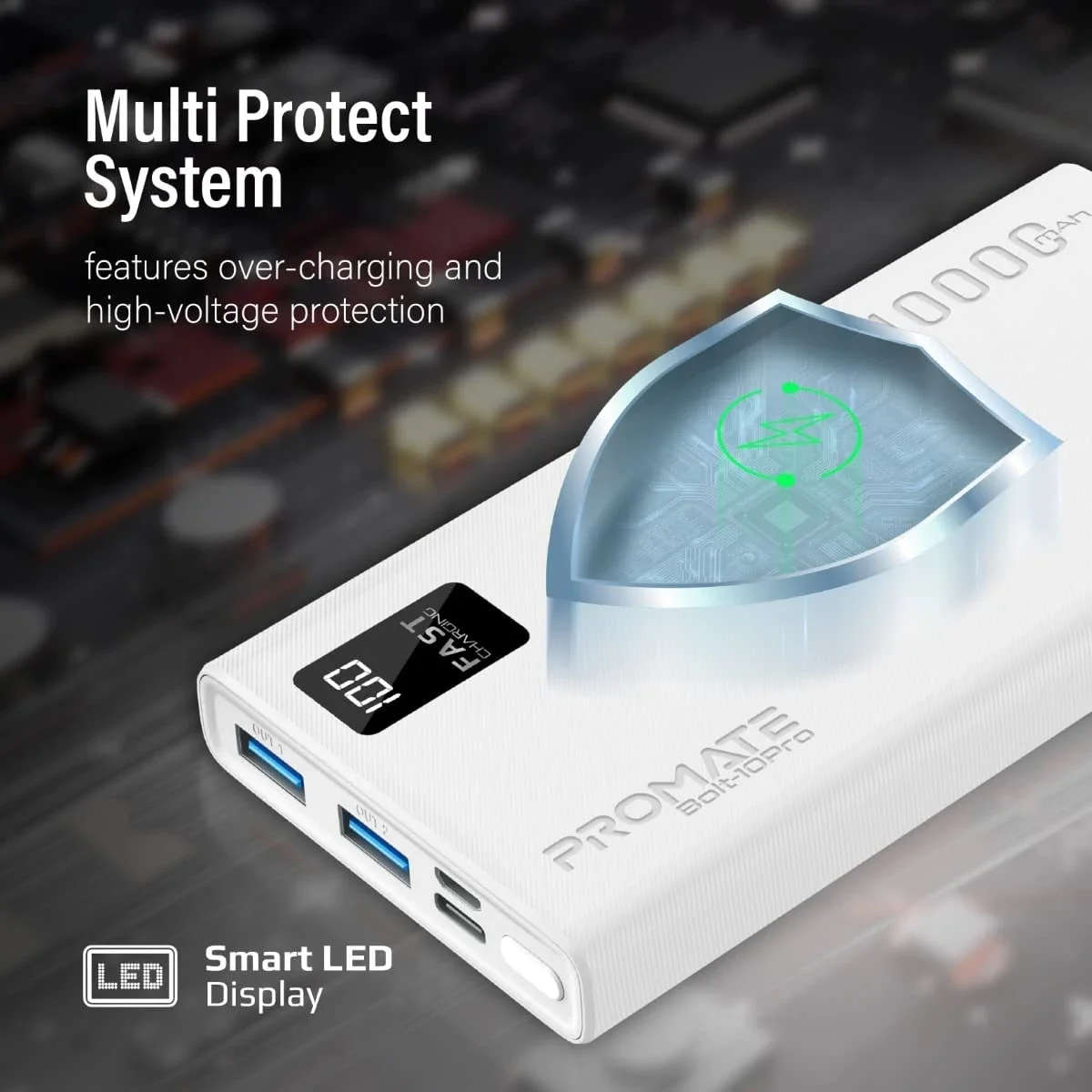 Promate Bolt-10Pro 10000mAh Ultra-Slim 10W Power Bank with USB-C and Dual USB - White - Thumbnail 7