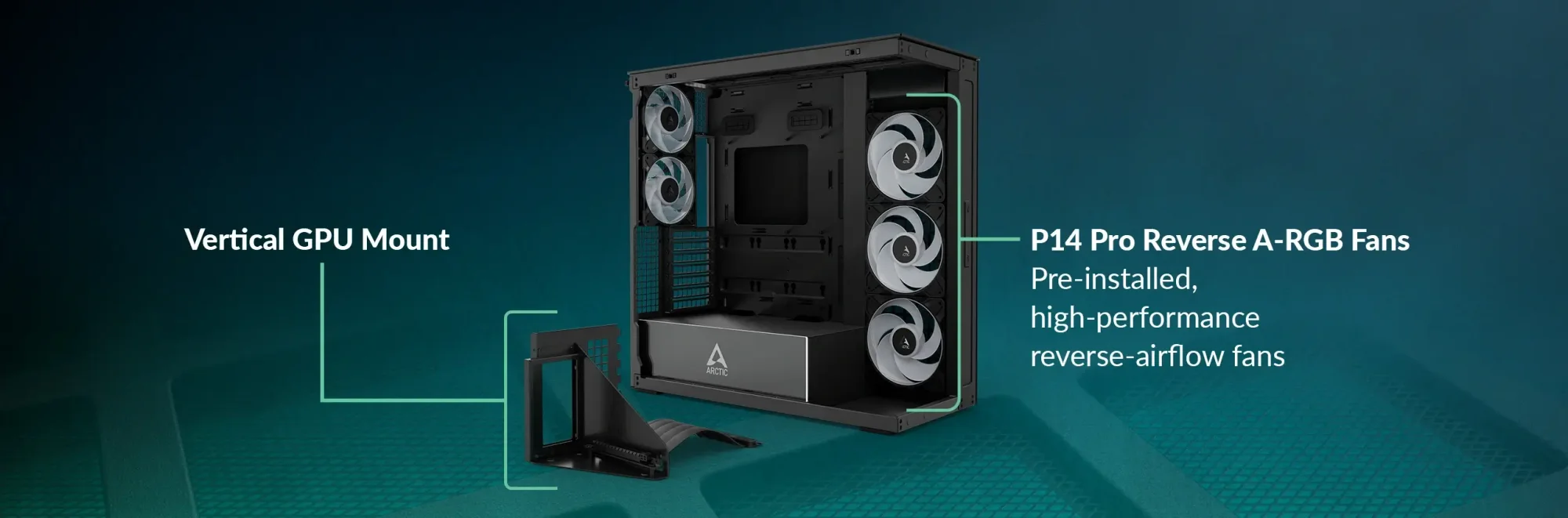 صندوق كمبيوتر ألعاب ARCTIC Xtender VG Black Mirror Glass Premium E-ATX مع تركيب عمودي لكرت الشاشة - Image 9