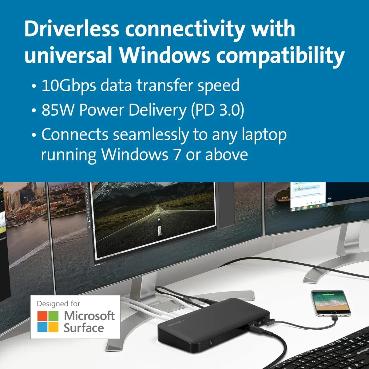 Kensington SD4845P 9-in-1 USB-C Docking Station for Microsoft Surface with Triple Display, 10Gbps, 85W PD - Black - Image 2