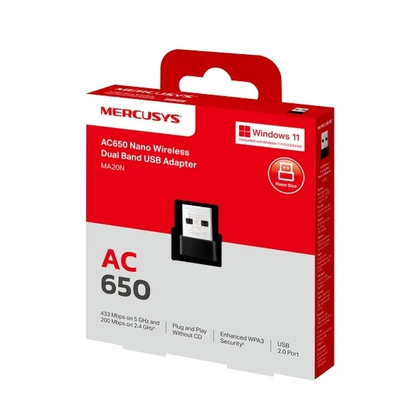 محول واي فاي MERCUSYS MA20N AC650 نانو USB ثنائي النطاق - Thumbnail 3