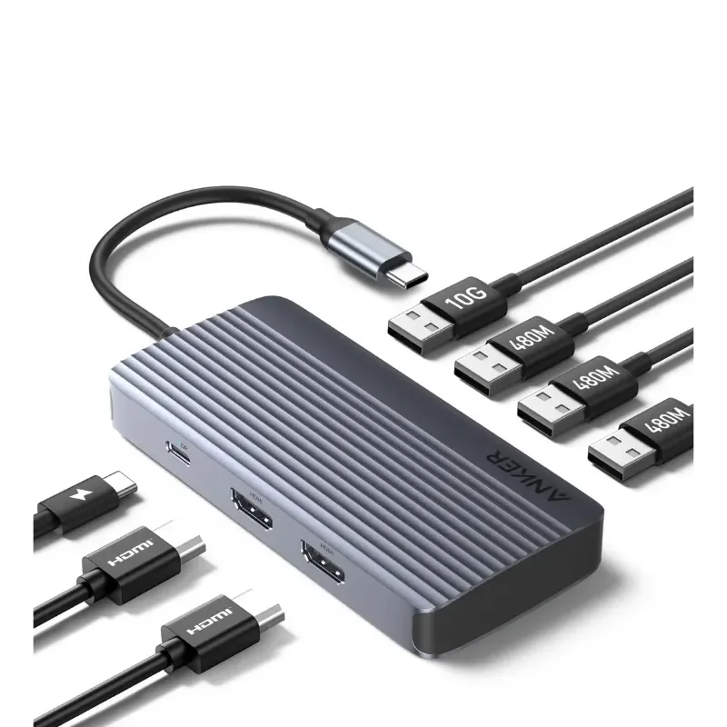 موزع منافذ Anker A8374AA1 USB-C ‏7 في 1 بعرض مزدوج عبر HDMI – رمادي - Thumbnail 2