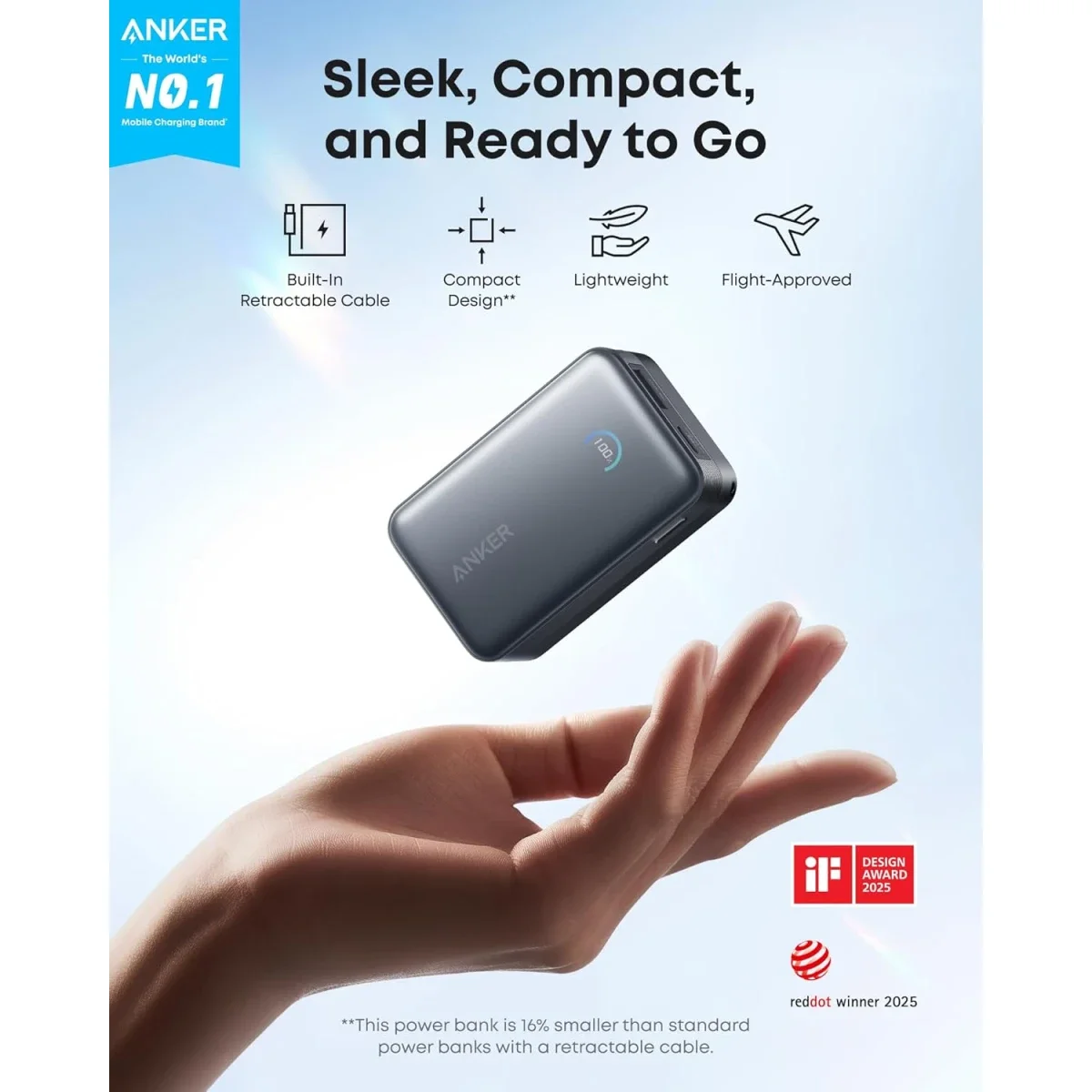 باور بنك Anker Nano بسعة 10,000mAh وقدرة 45W مع كابل USB-C قابل للسحب - أسود - Thumbnail 2