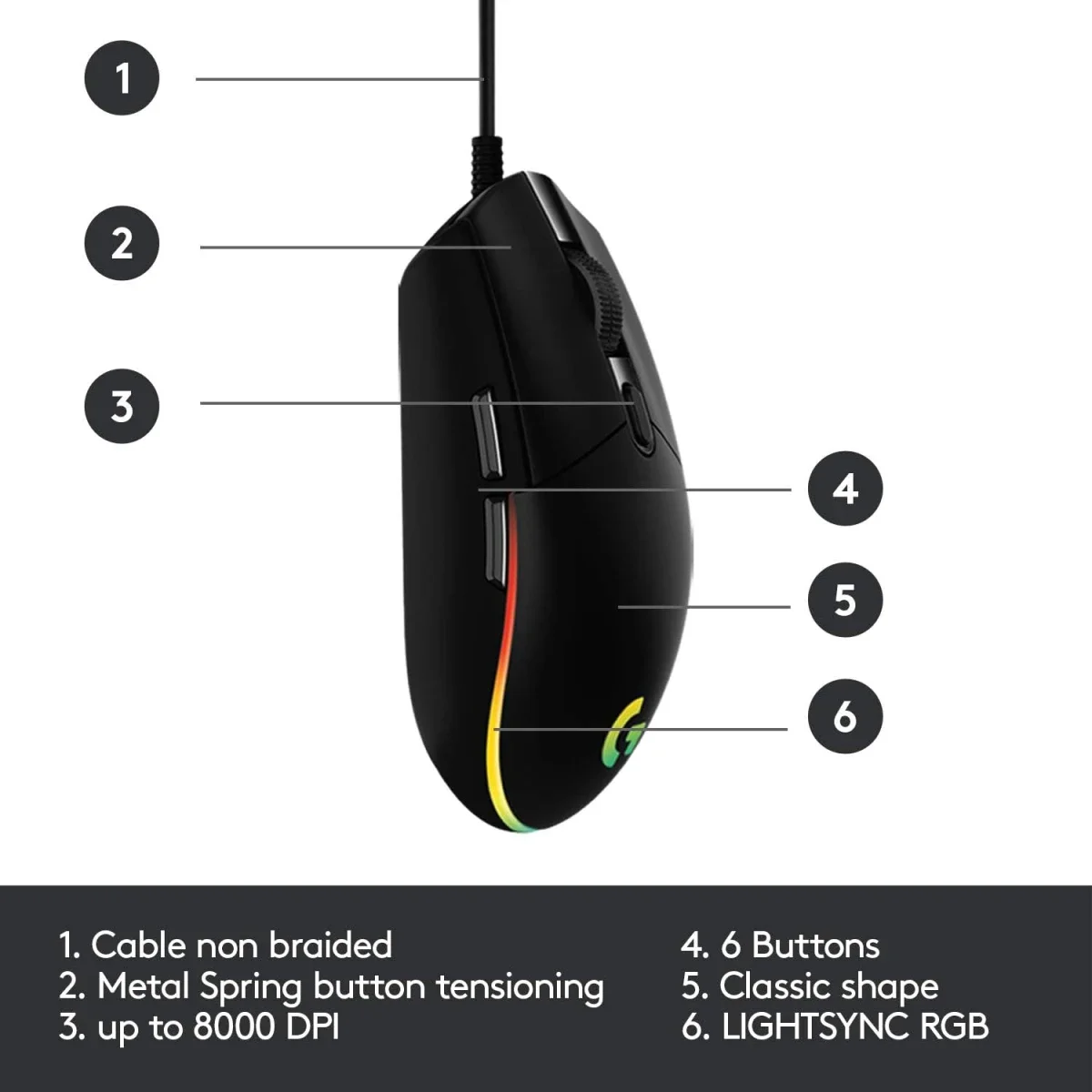 ماوس ألعاب Logitech G203 سلكي بدقة 8,000 DPI وإضاءة LIGHTSYNC RGB، أسود - Thumbnail 7