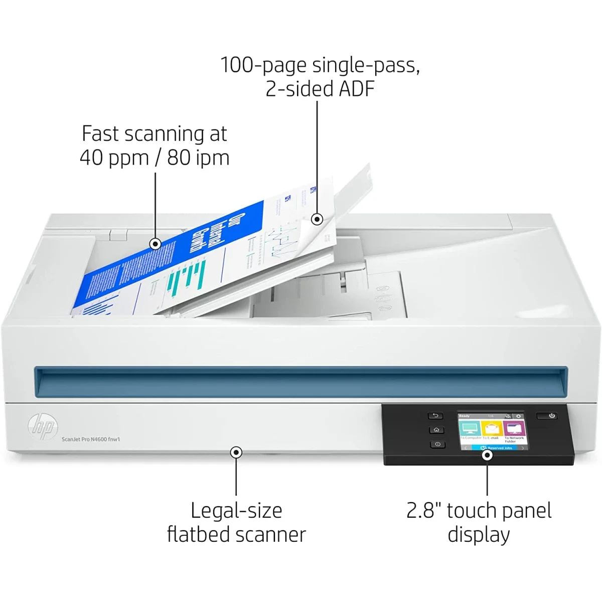 ماسح ضوئي مسطح HP ScanJet Pro N4600 FNW1 بدقة 1200 DPI ووحدة تغذية تلقائية 100 ورقة وWi-Fi - Thumbnail 2