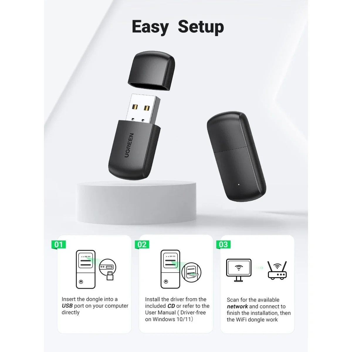 محول Wi-Fi Ugreen 20204 AC650 USB مزدوج النطاق - Thumbnail 5