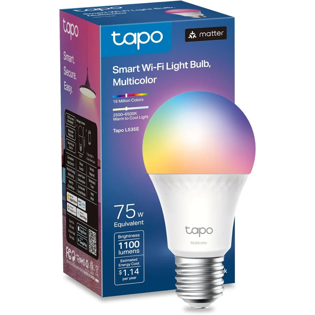 لمبه ذكيه Wi‑Fi TP-LINK Tapo L535E بقوه 1100 لومن RGBW معتمده Matter