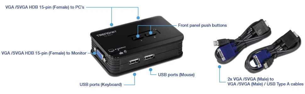 سويتش KVM USB بـ 2 منفذ TRENDnet TK-207K مع طقم كابلات - Image 13