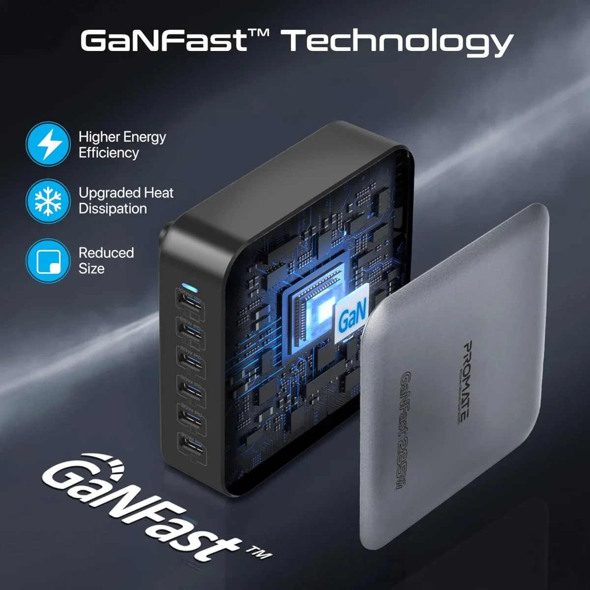 محطة شحن مكتبية Promate PowerBase-GaN285 بتقنية GaN بقدرة 285 واط و6 منافذ USB-C - أسود - Thumbnail 6