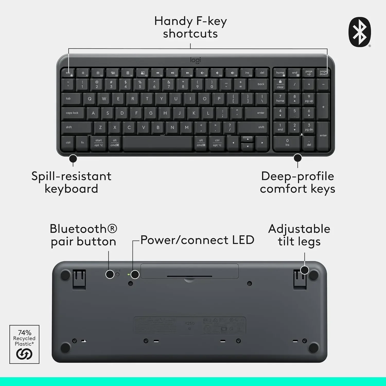 طقم ماوس ولوحة مفاتيح Logitech MK250 مدمج بلوتوث ولاسلكي لون Graphite - Image 2