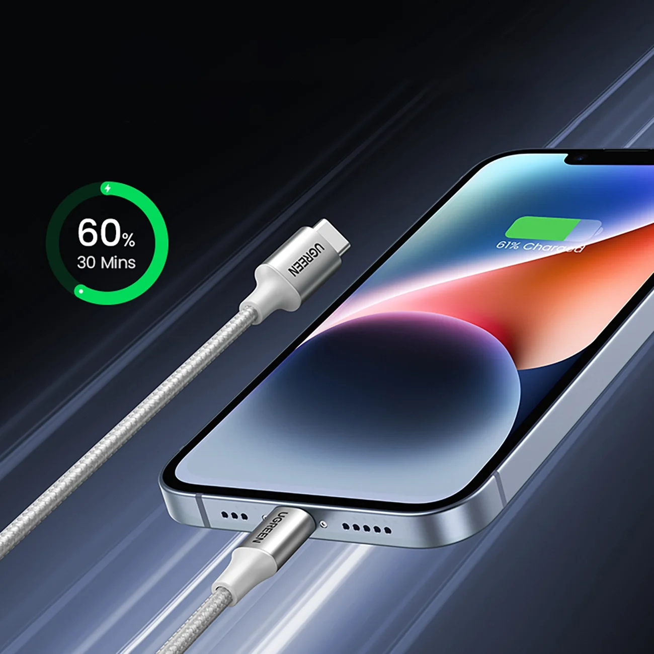 كابل Ugreen US304 70523 من USB-C إلى Lightning معتمد MFi بطول 1 متر فضي - Image 7