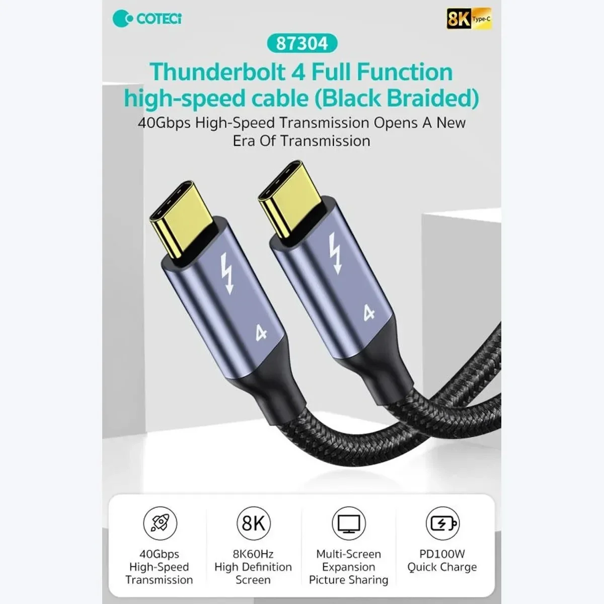 كابل Coteci 87304 Thunderbolt 4 من USB-C إلى USB-C بطول 1 متر بسرعة 40Gbps ودقة 8K أسود - Thumbnail 6