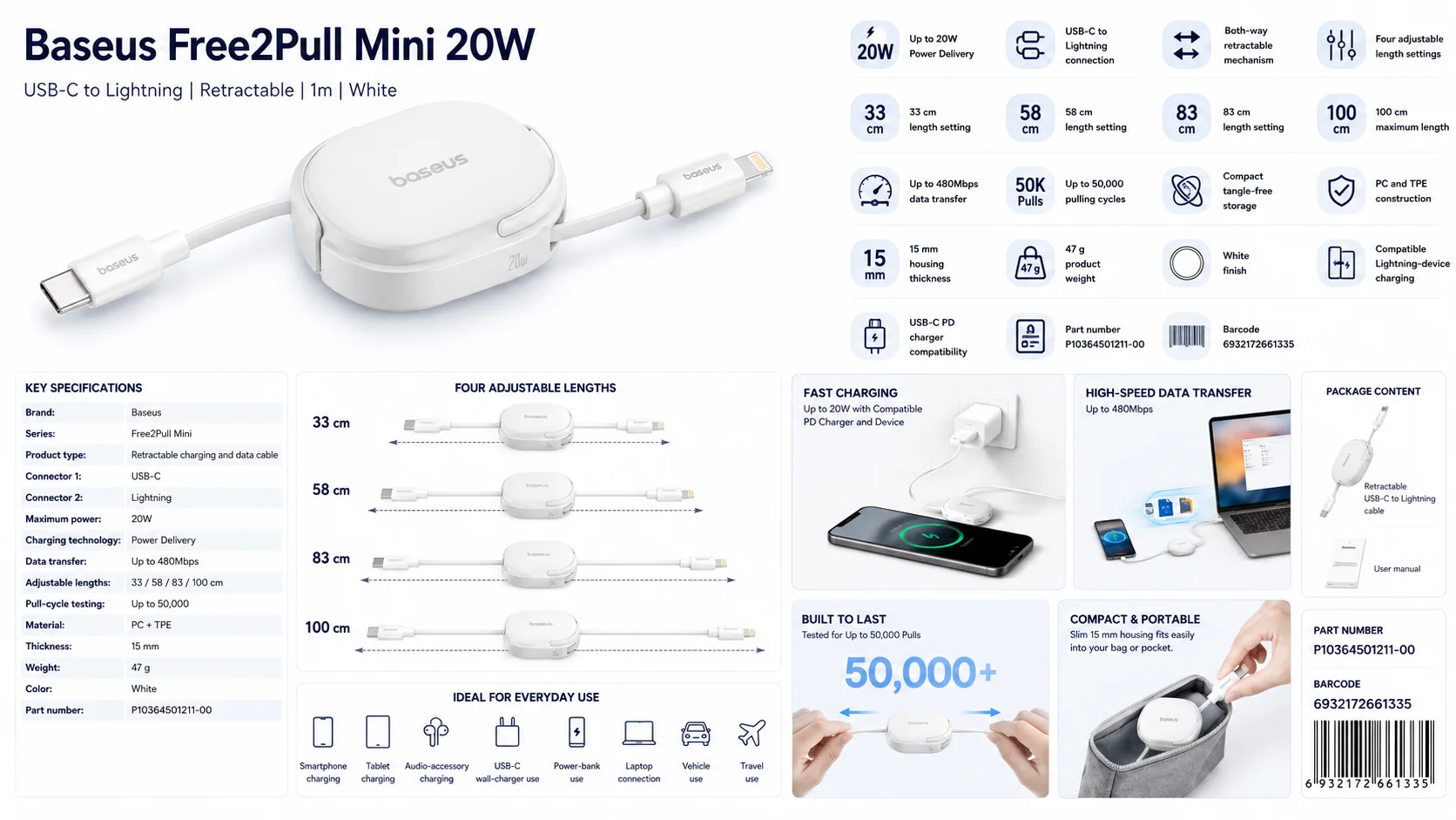 كابل Baseus Free2Pull Mini قابل للسحب من USB-C إلى Lightning بقوة 20W بطول 1 متر أبيض - Image 9