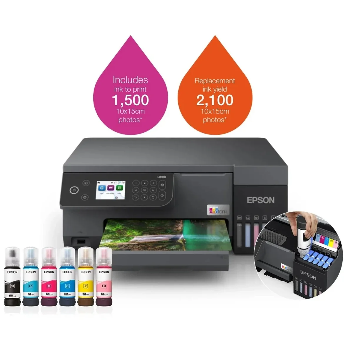طابعة صور نافثة للحبر A4 متعددة الوظائف 3 في 1 EPSON EcoTank L8100 - Thumbnail 2