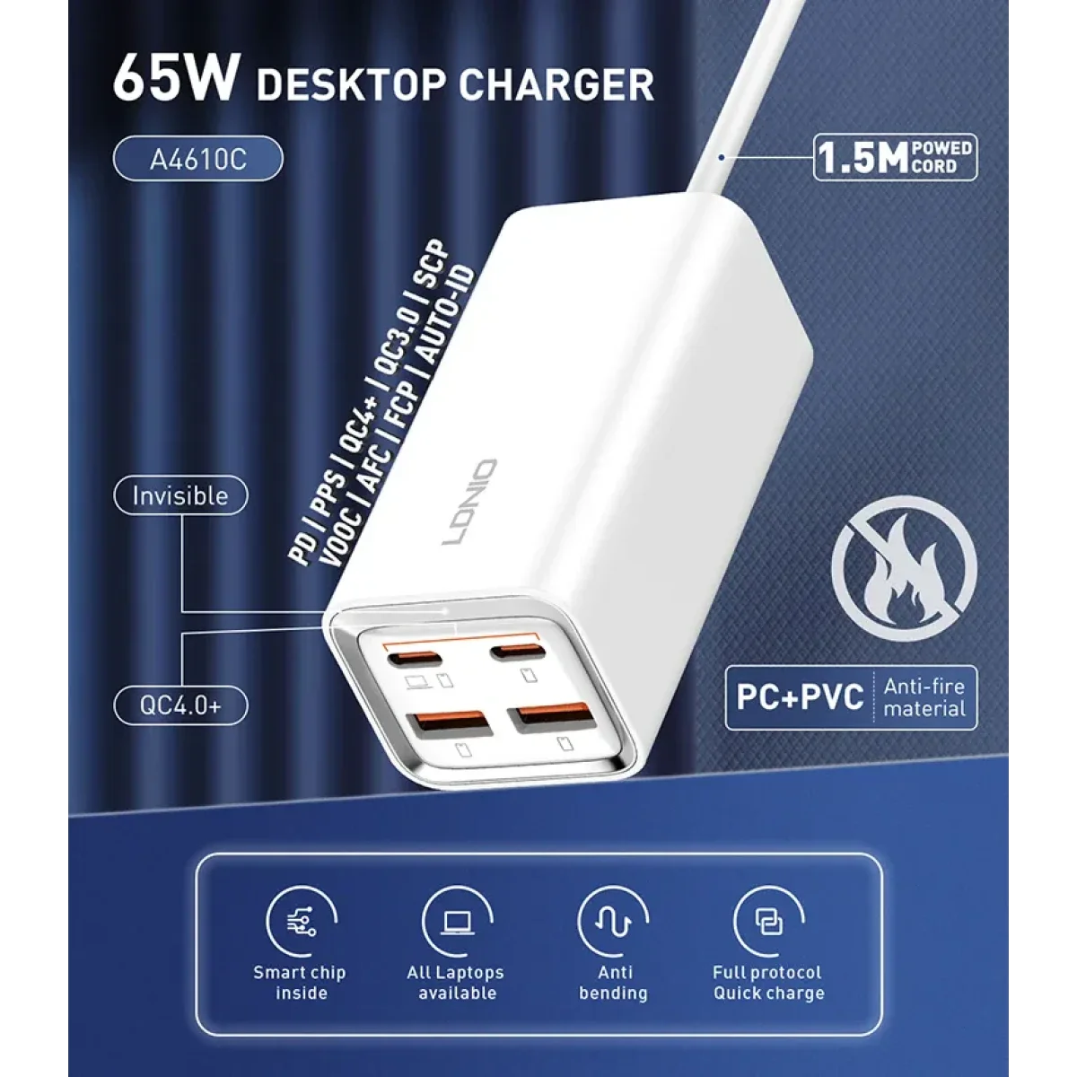 شاحن LDNIO A4610C سريع 65 واط بأربعة منافذ USB وUSB-C - أبيض - Thumbnail 5