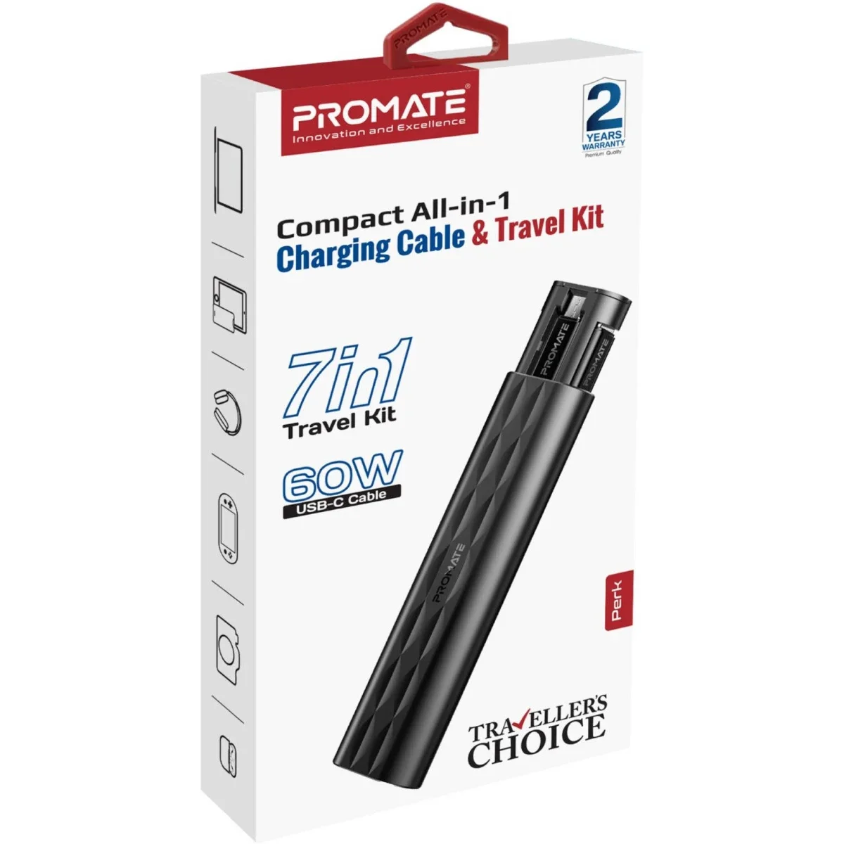 عدة السفر وكابل الشحن Promate PERK USB-C بقدرة 60 واط - أسود