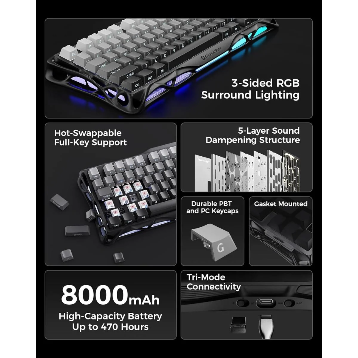 كيبورد ألعاب GravaStar Mercury K1 ميكانيكي لاسلكي 75% أسود متدرج - Image 4