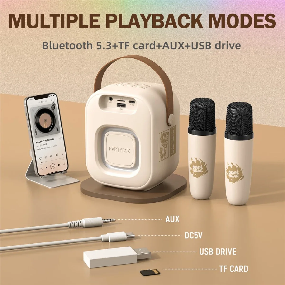 ONIKUMA L7 RGB Bluetooth Karaoke Speaker with 2 Microphones - Beige - Image 7