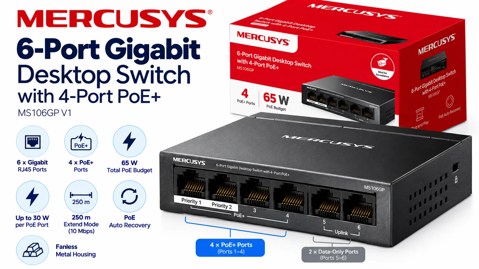 MERCUSYS MS106GP 6-Port Gigabit Switch, 4 PoE+ Ports, 65W Budget, 2 Uplinks, 250m PoE, Auto Recovery, Isolation Mode - Image 10