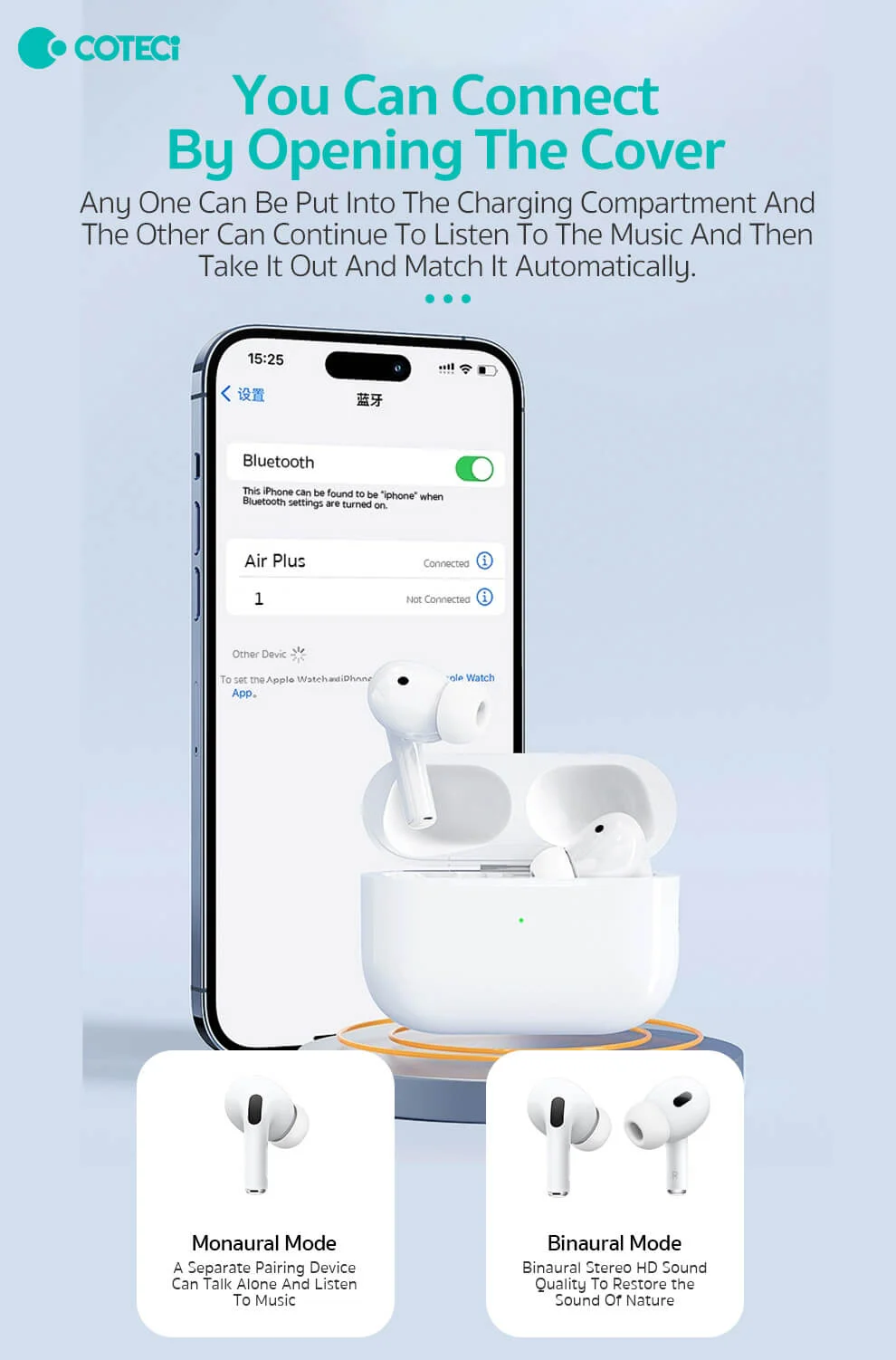 سماعات أذن Coteci Smart Pods Pro2 بلوتوث عازلة للضوضاء مع شحن Type-C، أبيض - Thumbnail 7