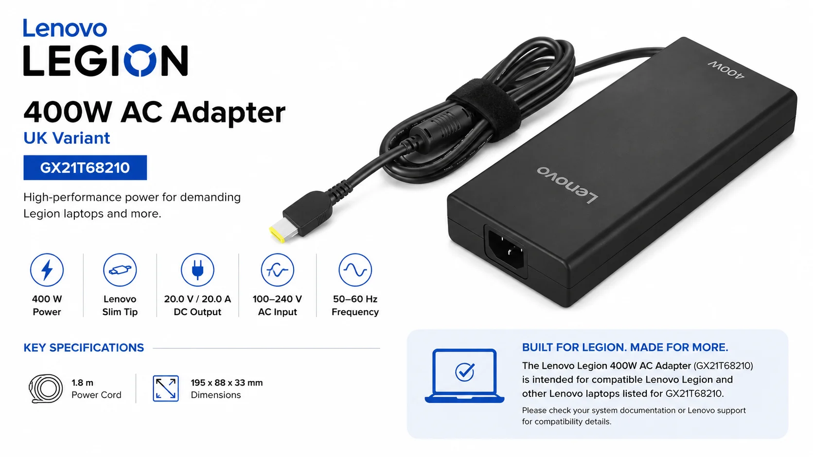 Lenovo Legion 400W Slim Tip AC Adapter Charger with UK Power Cord GX21T68210 - Image 3
