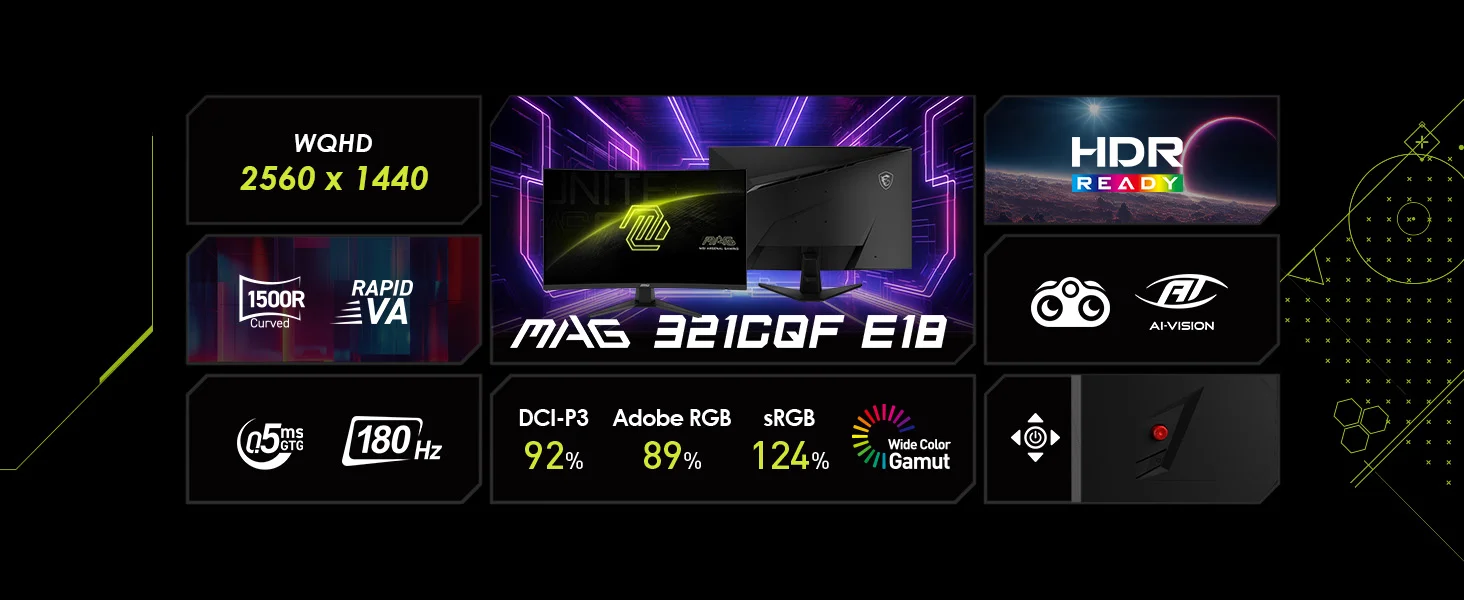 شاشة ألعاب MSI منحنية 32 إنش QHD 2K 1440p بتردد 180 هرتز وزمن استجابة 0.5 مللي ثانية MAG 321CQF E18 - Thumbnail 9