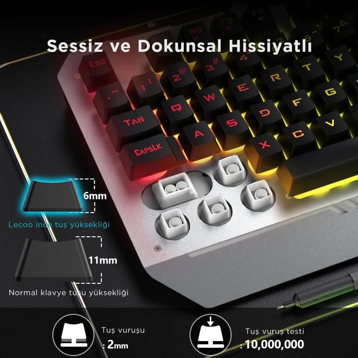 لوحة مفاتيح ألعاب Lecoo KB123 سلكية USB ممبرين بتأثير رينبو - Thumbnail 3
