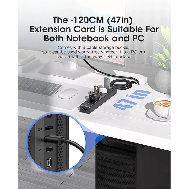 موزع USB FORIDA بـ7 منافذ USB 3.0 ألمنيوم بسرعة 5Gbps مع محول طاقة USB-C بجهد 5V للابتوب - Image 2