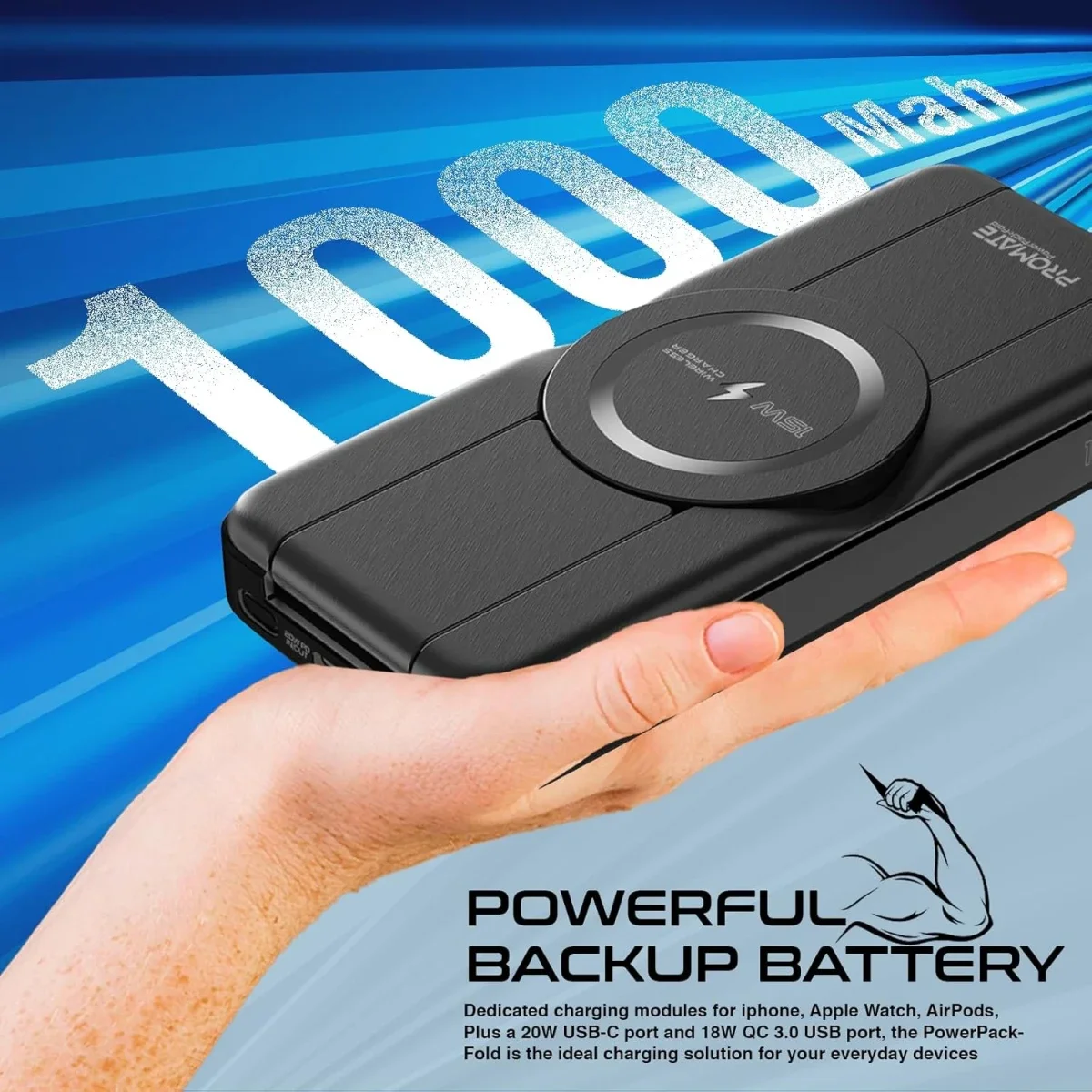 باور بانك MagSafe 5 في 1 قابل للطي Promate PowerPack-Fold بسعة 10000mAh وقدرة 15W - أسود - Image 8