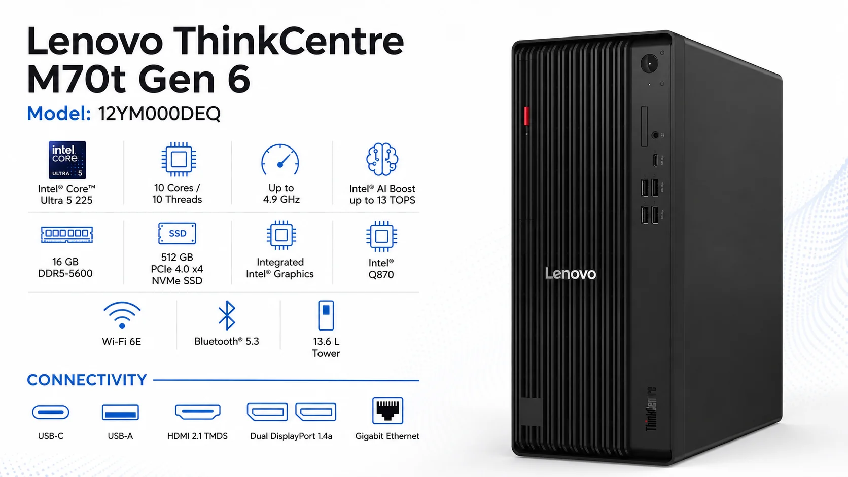 Lenovo ThinkCentre M70t Gen 6 Business Tower Desktop, Intel Core Ultra 5 225, 16GB RAM, 512GB NVMe SSD, Black - Image 3