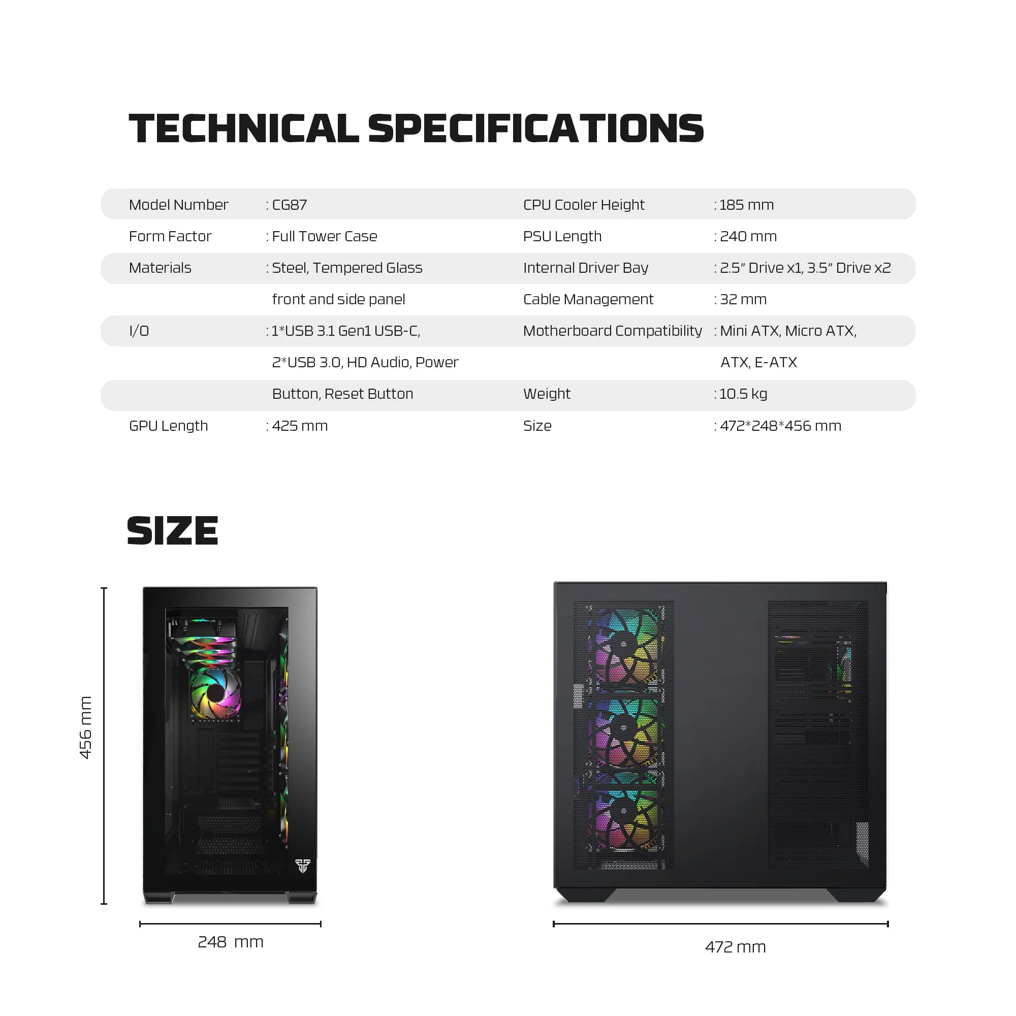 صندوق كمبيوتر Fantech CG87 LUMINA XL Full Tower باللون الأسود - Image 11