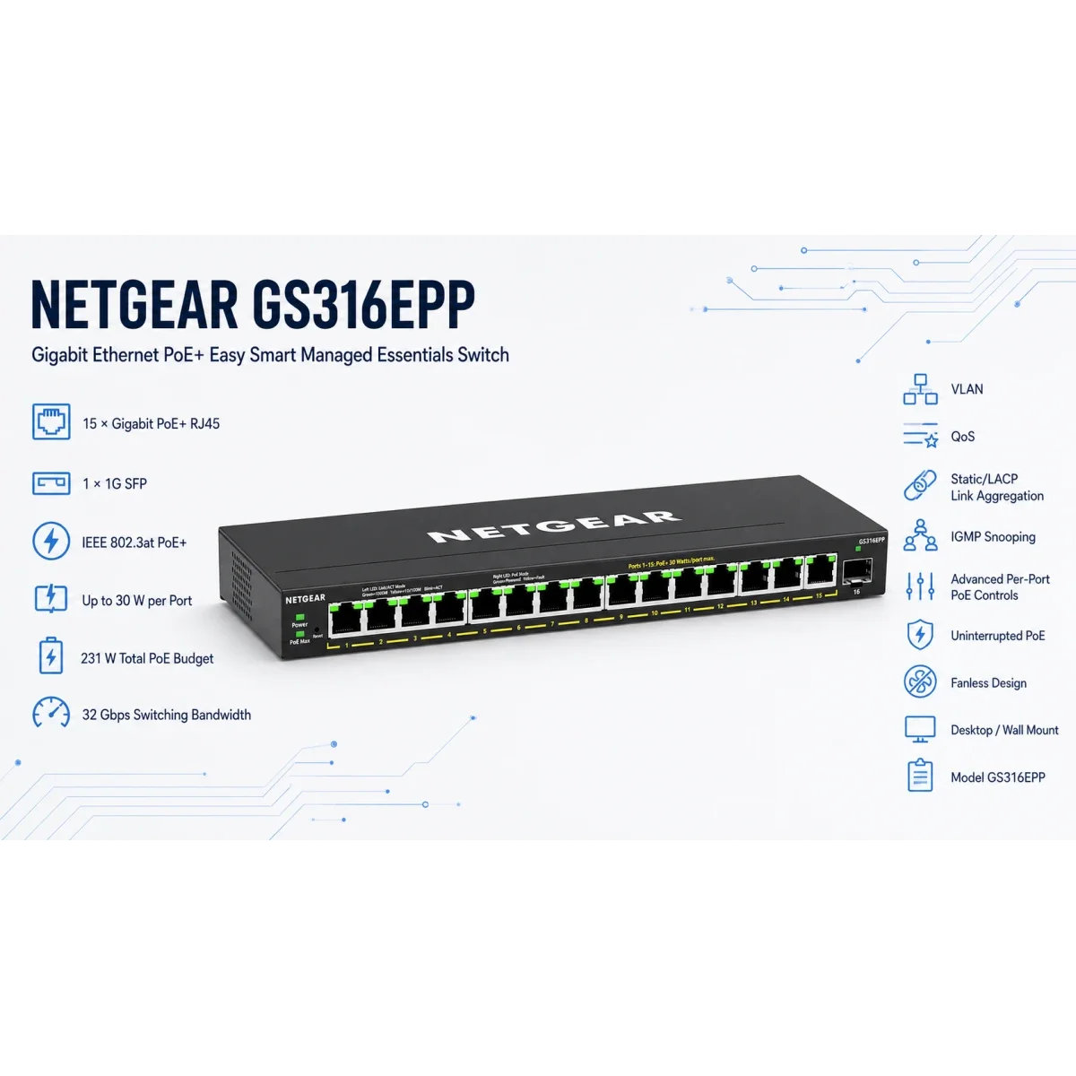 سويتش NETGEAR GS316EPP ذكي سهل الإدارة 16 منفذ جيجابت PoE+ مع SFP بسرعة 1G وقدرة 231W - Thumbnail 5