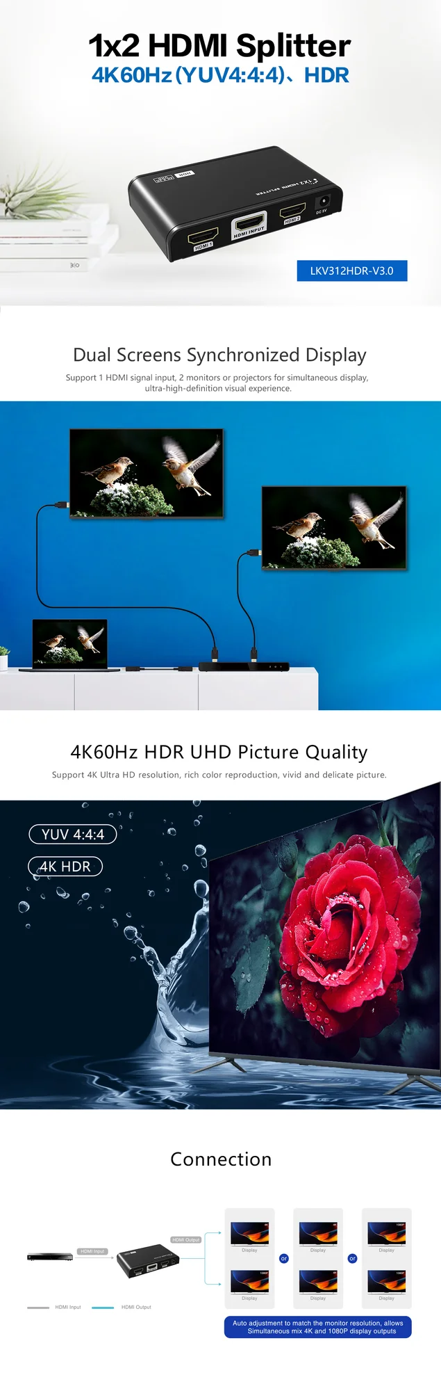 موزع HDMI Lenkeng LKV312HDR من منفذ إلى منفذين بدقة 4K و60Hz HDR - Thumbnail 4