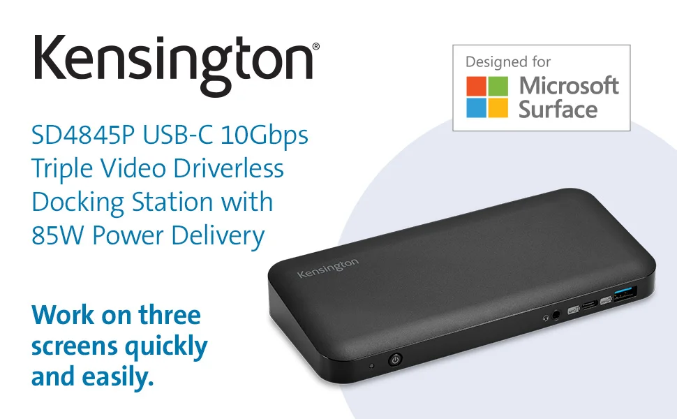Kensington SD4845P 9-in-1 USB-C Docking Station for Microsoft Surface with Triple Display, 10Gbps, 85W PD - Black - Image 8