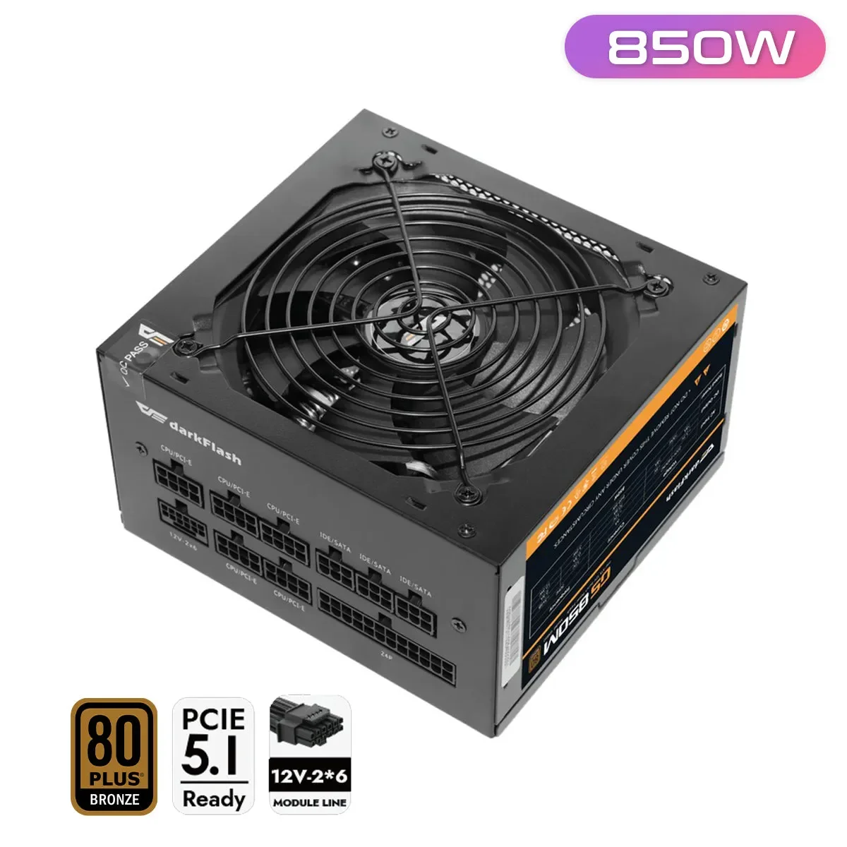 مزود طاقة DarkFlash GS850 للألعاب 850 واط 80 PLUS Bronze معياري بالكامل - أسود