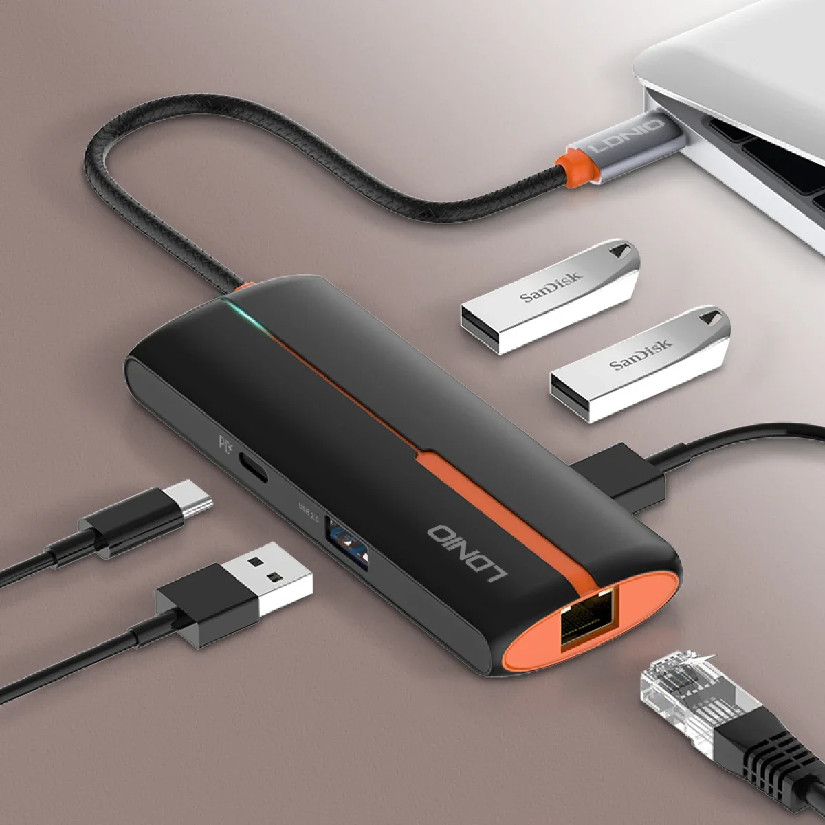 موزع USB-C إلى USB من LDNIO DS-26U 6 في 1 مع شحن PD ومنفذ RJ45 - أبيض - Image 2