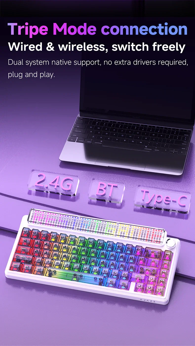 كيبورد AJAZZ Pixel68 ميكانيكي للألعاب، سويتش White Peach، شاشة كبيرة بمصفوفة نقاط، لاسلكي وبلوتوث، سويتشات قابلة للتبديل، Glass Artisan، 8+8K - Image 2