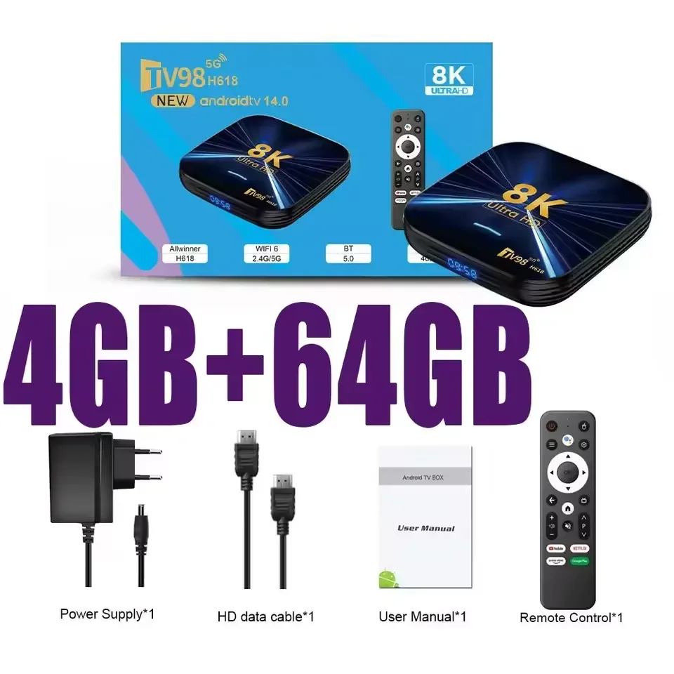 تي في بوكس ICANING TV98 بنظام Android 14.0، معالج Allwinner H618، رام 4GB وتخزين 64GB، واي فاي 2.4G و5G، HDR10، BT5.0 وتحكم صوتي - Image 5