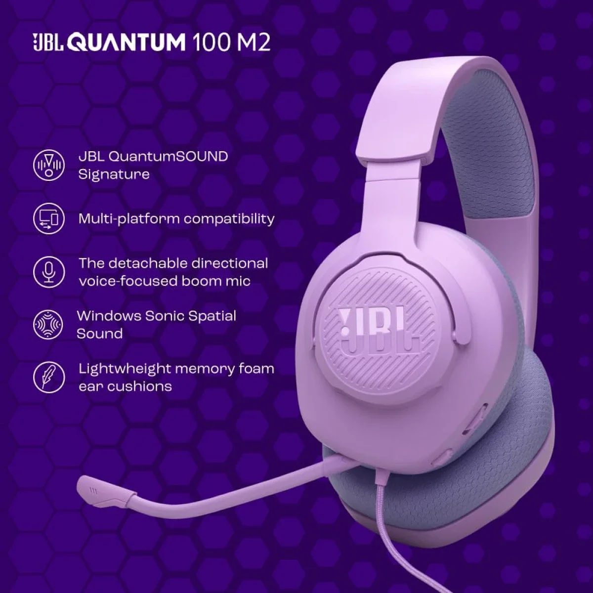 سماعة ألعاب JBL Quantum 100M2 سلكية بمشغلات 40 مم وميكروفون بوم قابل للفصل، بنفسجي - Thumbnail 2