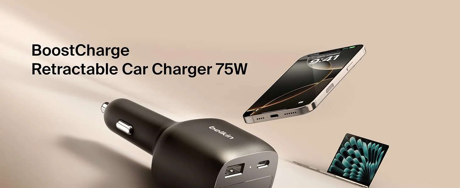 Belkin 75W USB-C Car Charger with 30in Retractable USB-C Cable - Black - Thumbnail 9