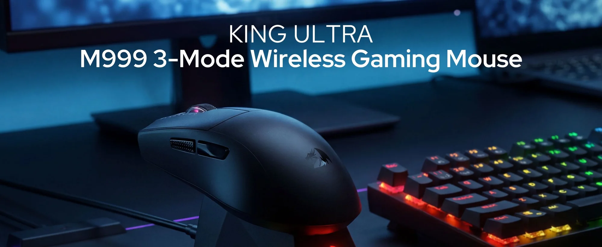 ماوس ألعاب Redragon K1NG M999 لاسلكي فائق الخفة ثلاثي الاتصال مع قاعدة شحن RGB، أسود، 45000 DPI - Thumbnail 9