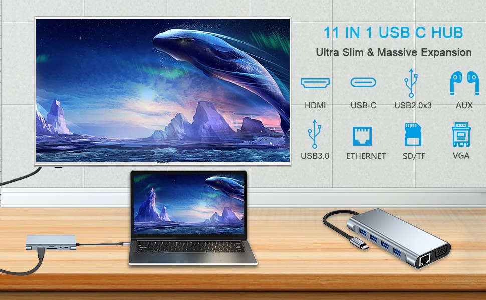 موزع USB-C SZPACMATE 11 في 1 مع 4K HDMI وVGA وPD وإيثرنت وقارئ بطاقات - Image 10