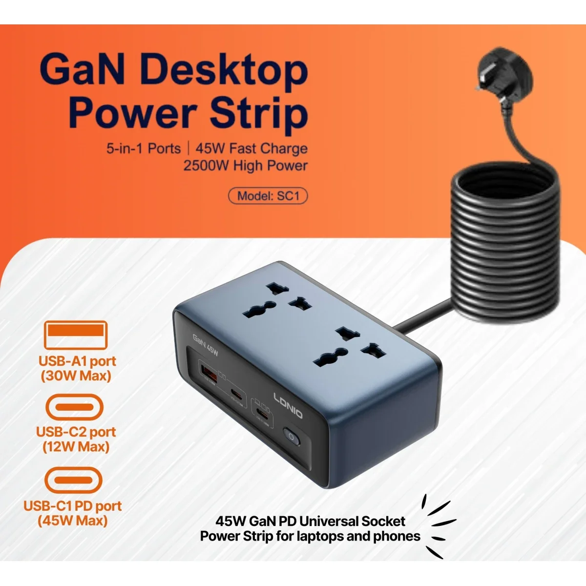 مشترك كهرباء عالمي LDNIO SC1 بقدرة 45W PD ومخرج 2500W
