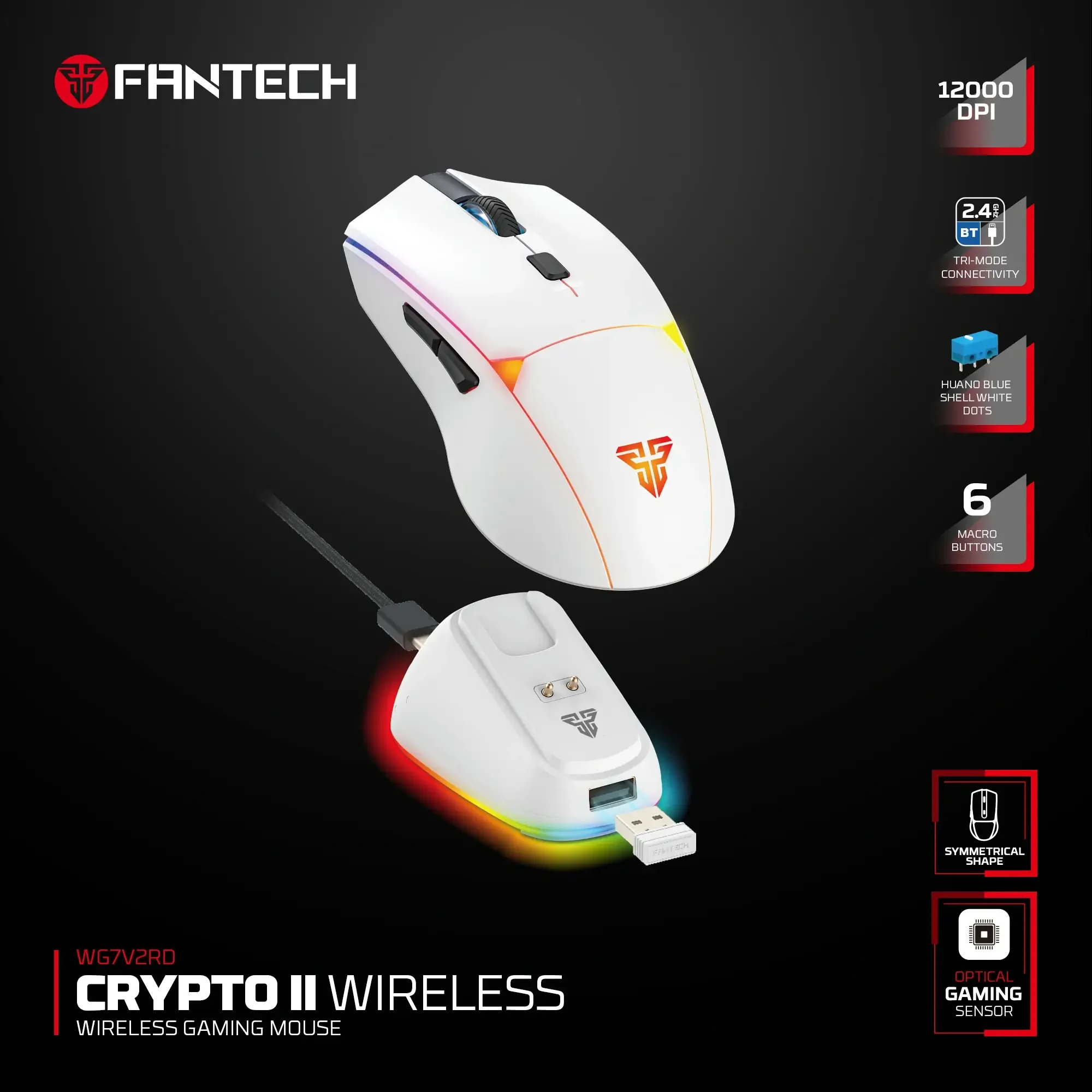 ماوس ألعاب لاسلكي Fantech CRYPTO II WG7V2RD باللون الأبيض - Image 3